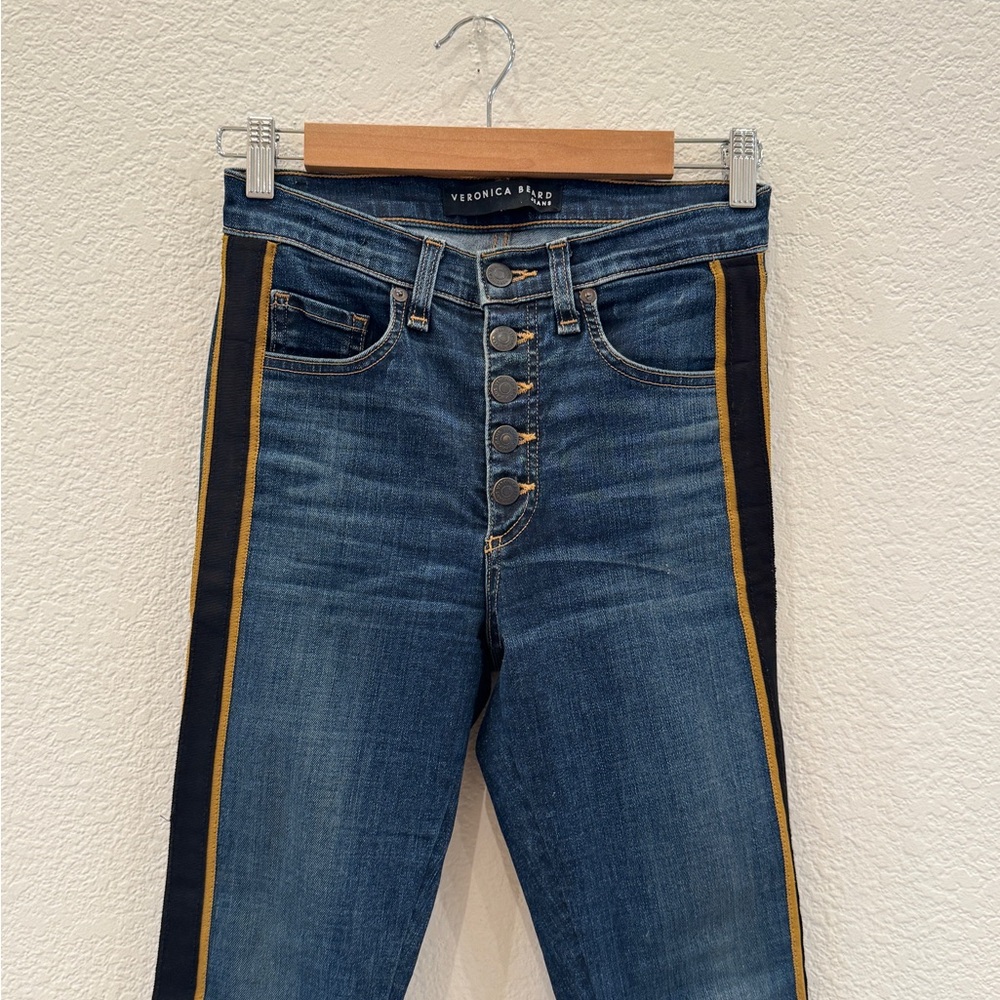 NEW Veronica Beard Crop Slim Fit Button Fly Tuxedo Stripe Jeans in Dark Wash - Picture 8 of 12